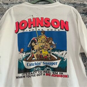 Vintage Big Johnson White Graphic Funny T-Shirt with Fishing/Women Design.